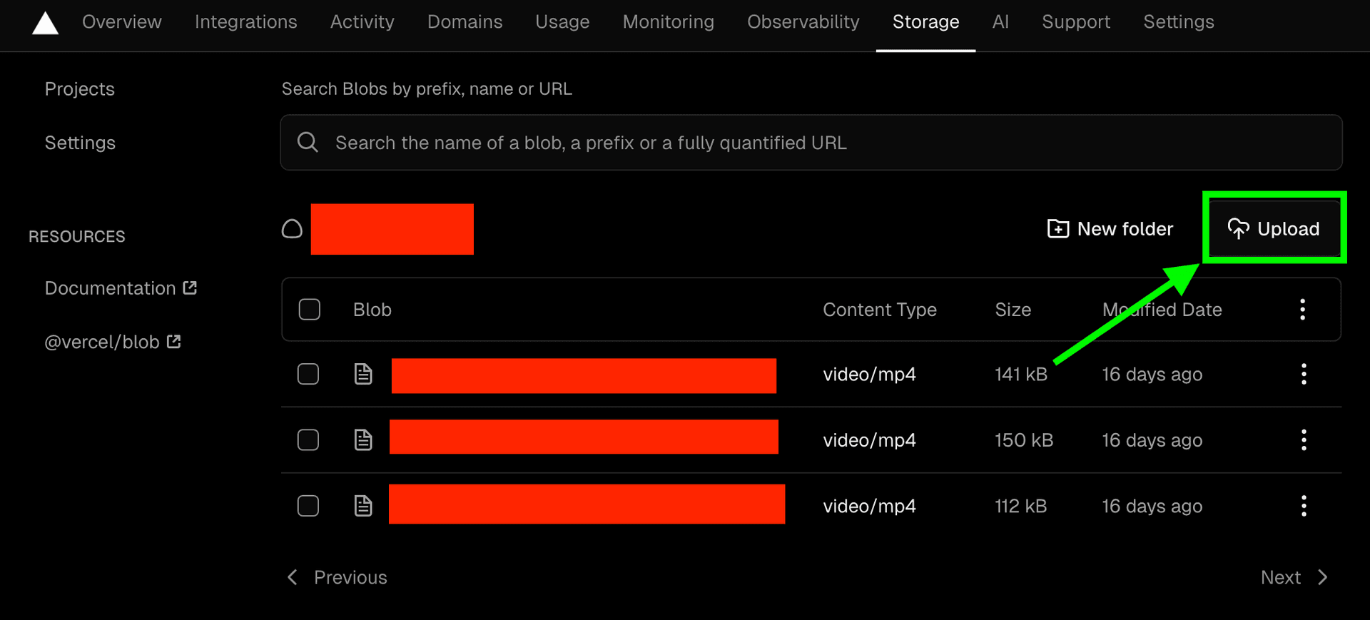 Vercel Blobのアップロード画面