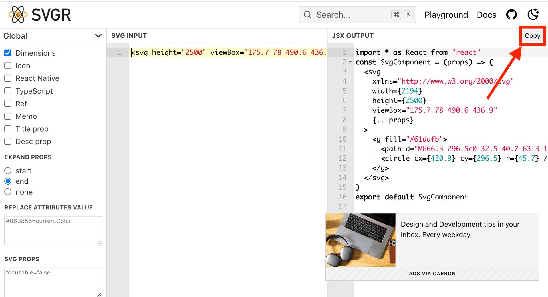 SVGR playgroundの実行画面