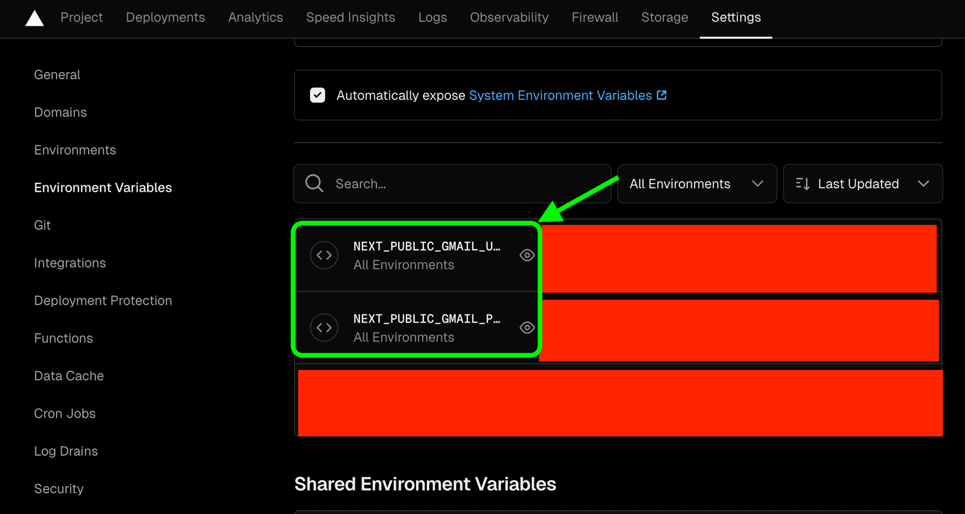Vercelの環境変数を設定する画面